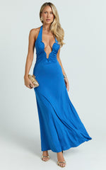 Halter U Ruched Neck Cut Out Jersey Dress in Blue