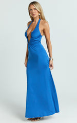 Halter U Ruched Neck Cut Out Jersey Dress in Blue