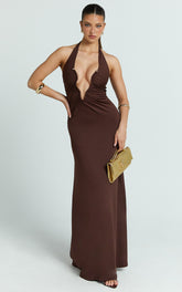 Halter U Ruched Neck Cut Out Jersey Dress in Chocolate