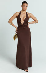 Halter U Ruched Neck Cut Out Jersey Dress in Chocolate