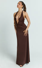 Halter U Ruched Neck Cut Out Jersey Dress in Chocolate