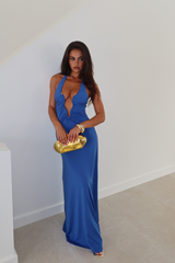 Halter U Ruched Neck Cut Out Jersey Dress in Blue