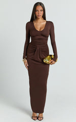 Plunge Long Sleeve Bodycon Dress in Chocolate