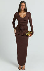 Plunge Long Sleeve Bodycon Dress in Chocolate