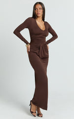 Plunge Long Sleeve Bodycon Dress in Chocolate