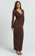 Plunge Long Sleeve Bodycon Dress in Chocolate