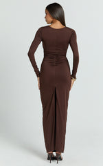 Plunge Long Sleeve Bodycon Dress in Chocolate