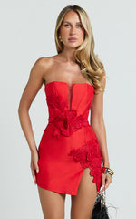 Strapless Plunge Bodycon Leg Split Dress in Red