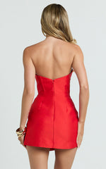 Strapless Plunge Bodycon Leg Split Dress in Red
