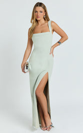 Cowl Neck Column High Split Dress in Sage