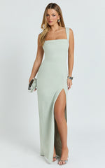 Cowl Neck Column High Split Dress in Sage