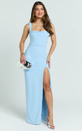 Cowl Neck Column High Split Dress in Soft Blue - Urban Luxe Apparel