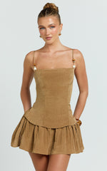 Straight Neck Gathered Drop Waist Dress in Brown