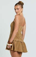 Straight Neck Gathered Drop Waist Dress in Brown