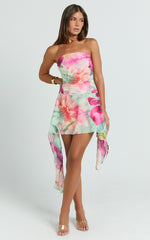 Strapless Asymmetric Flounce Hem Dress in Abstract Floral