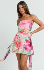 Strapless Asymmetric Flounce Hem Dress in Abstract Floral