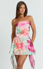 Strapless Asymmetric Flounce Hem Dress in Abstract Floral