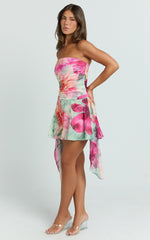 Strapless Asymmetric Flounce Hem Dress in Abstract Floral