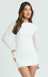 Lace High Neck Bodycon Dress in Off White