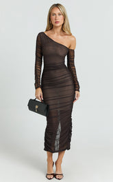 Asymmetric Mesh Ruched Bodycon Dress in Brown - Urban Luxe Apparel
