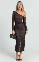 Asymmetric Mesh Ruched Bodycon Dress in Brown - Urban Luxe Apparel