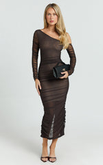 Asymmetric Mesh Ruched Bodycon Dress in Brown - Urban Luxe Apparel