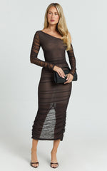 Asymmetric Mesh Ruched Bodycon Dress in Brown - Urban Luxe Apparel
