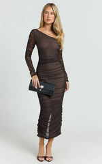 Asymmetric Mesh Ruched Bodycon Dress in Brown - Urban Luxe Apparel
