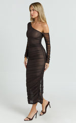 Asymmetric Mesh Ruched Bodycon Dress in Brown - Urban Luxe Apparel