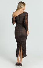 Asymmetric Mesh Ruched Bodycon Dress in Brown - Urban Luxe Apparel