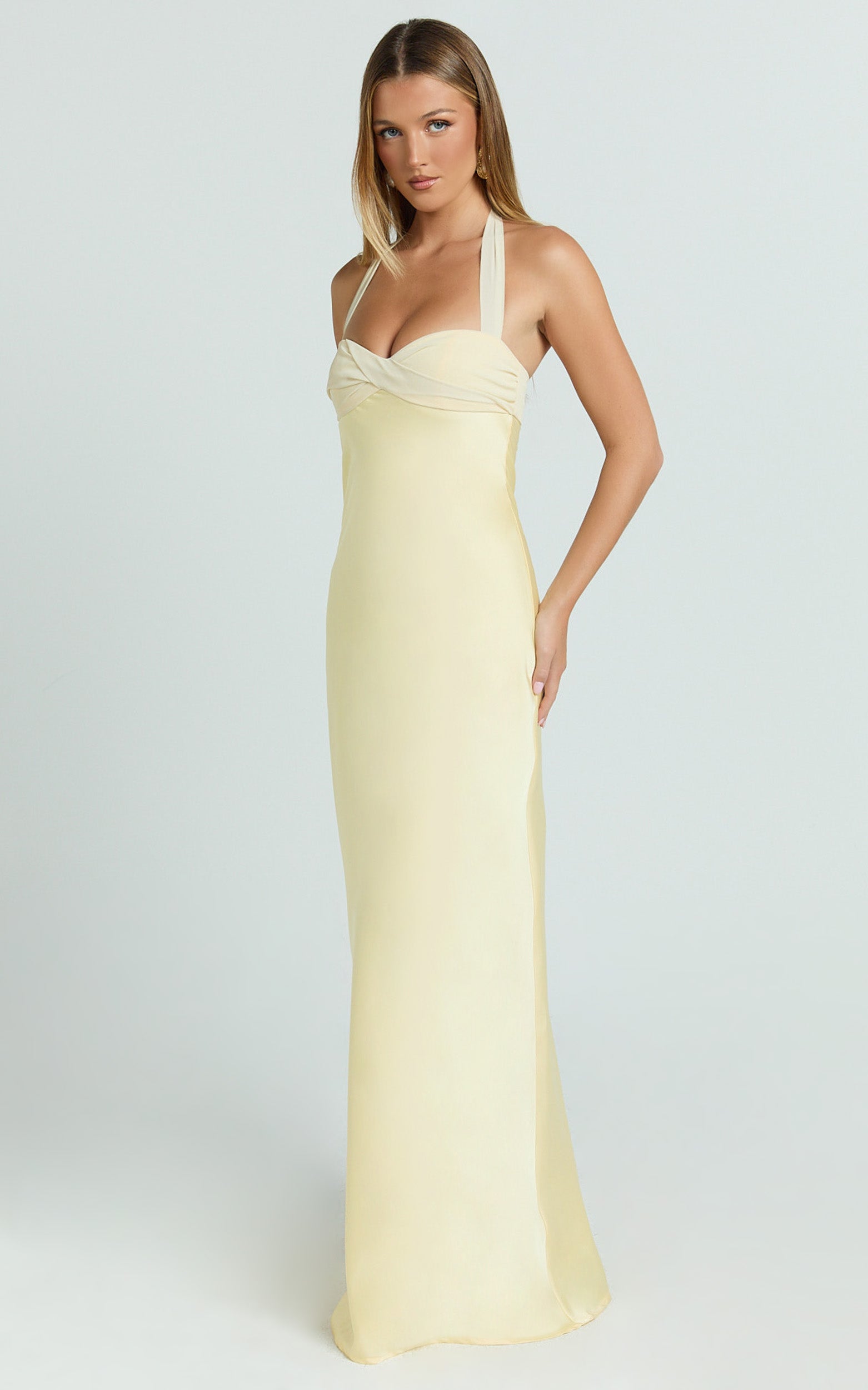 Satin Halter Sweetheart Neck Dress in Butter Yellow - Urban Luxe Apparel