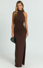 Halter Ruched Backless Dress in Dark Chocolate
