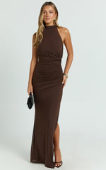 Halter Ruched Backless Dress in Dark Chocolate