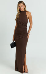 Halter Ruched Backless Dress in Dark Chocolate