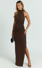 Halter Ruched Backless Dress in Dark Chocolate