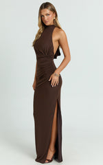 Halter Ruched Backless Dress in Dark Chocolate