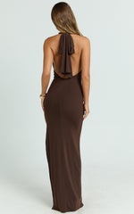 Halter Ruched Backless Dress in Dark Chocolate