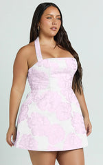 Jacquard Halter Fit And Flare Dress in Pink