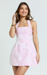 Jacquard Halter Fit And Flare Dress in Pink