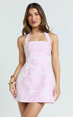 Jacquard Halter Fit And Flare Dress in Pink