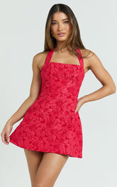Jacquard Halter Fit And Flare Dress in Red