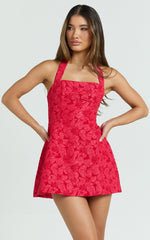 Jacquard Halter Fit And Flare Dress in Red