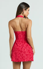 Jacquard Halter Fit And Flare Dress in Red