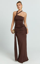 Asymmetric Neck Waist Tie Dress in Chocolate