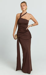 Asymmetric Neck Waist Tie Dress in Chocolate