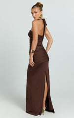 Asymmetric Neck Waist Tie Dress in Chocolate