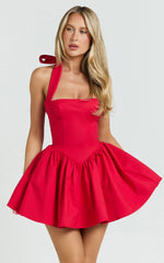 Halter Tie Neck Corset Panel Dress in Red