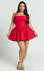 Halter Tie Neck Corset Panel Dress in Red