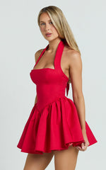 Halter Tie Neck Corset Panel Dress in Red
