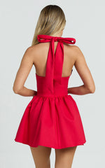 Halter Tie Neck Corset Panel Dress in Red
